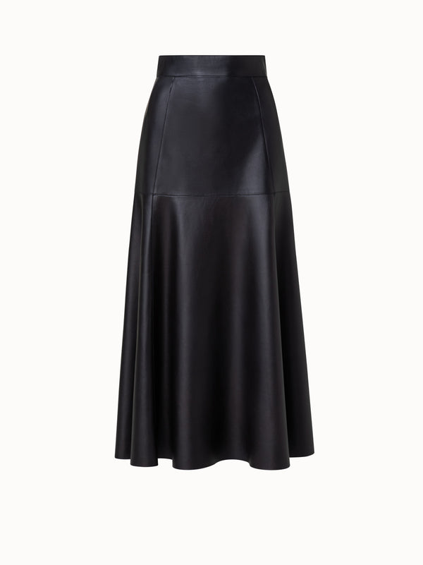Flared Lambskin Leather Midi Skirt - black