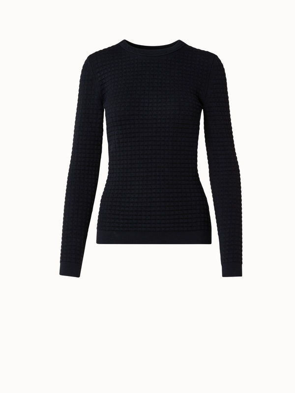 Trapezoid Grid Wool Silk Stretch Jacquard Pullover - black