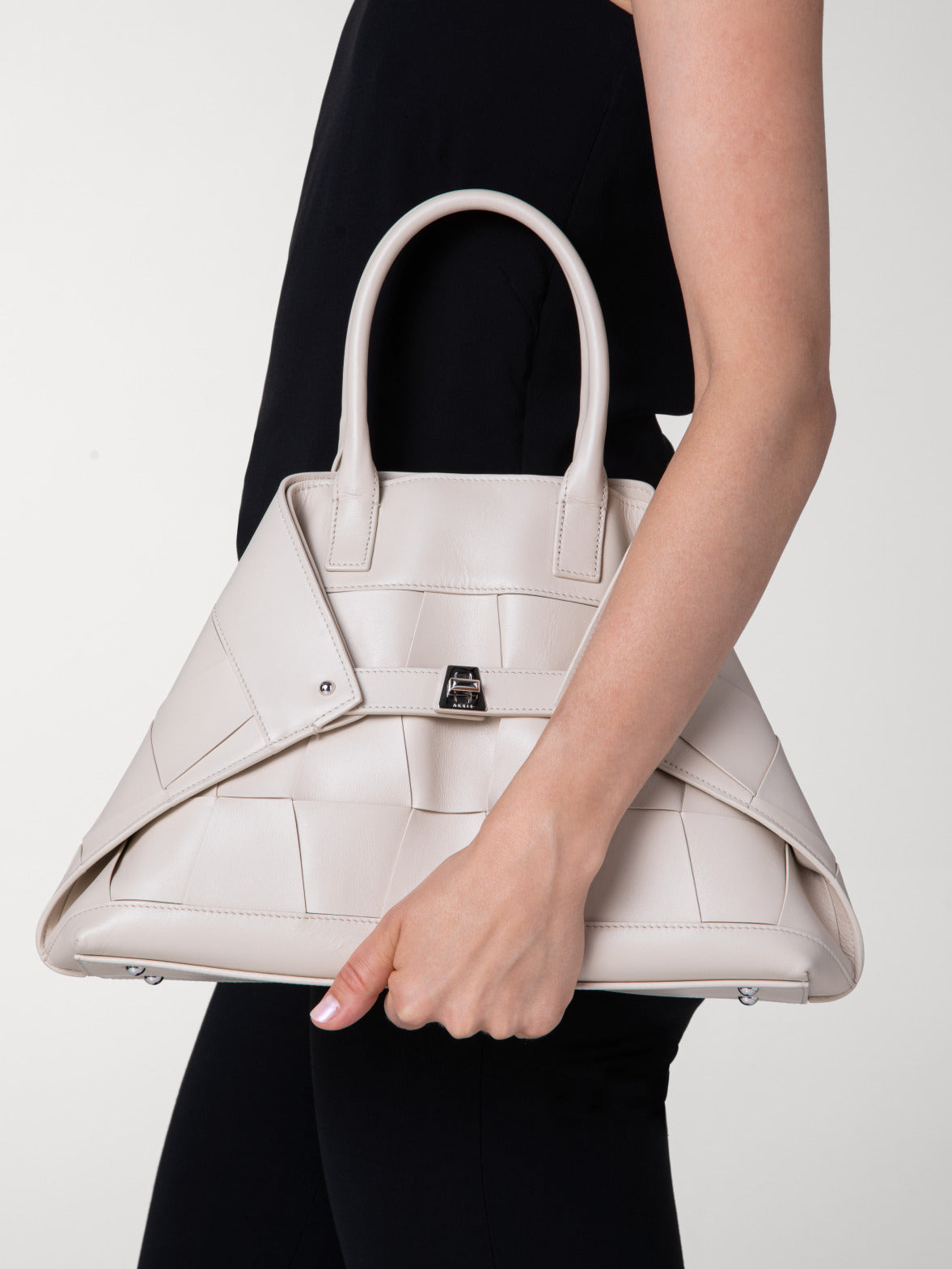 Small Ai Messenger Bag in Braided Trapezoids Leather - beige
