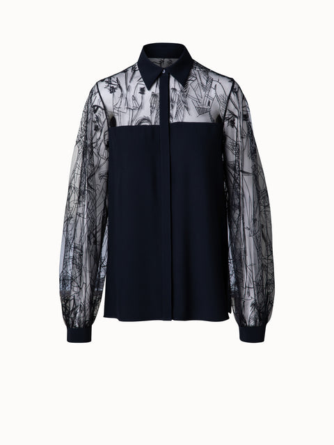 Bluse aus Seiden-Crêpe und Croquis Stickerei