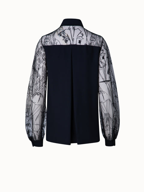 Bluse aus Seiden-Crêpe und Croquis Stickerei