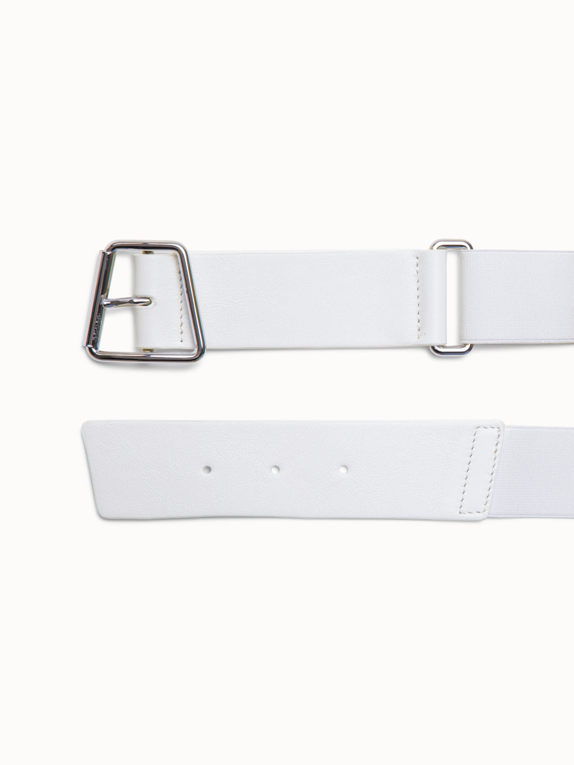 Leather and Elastic Belt with Trapezoid Buckle - ecru