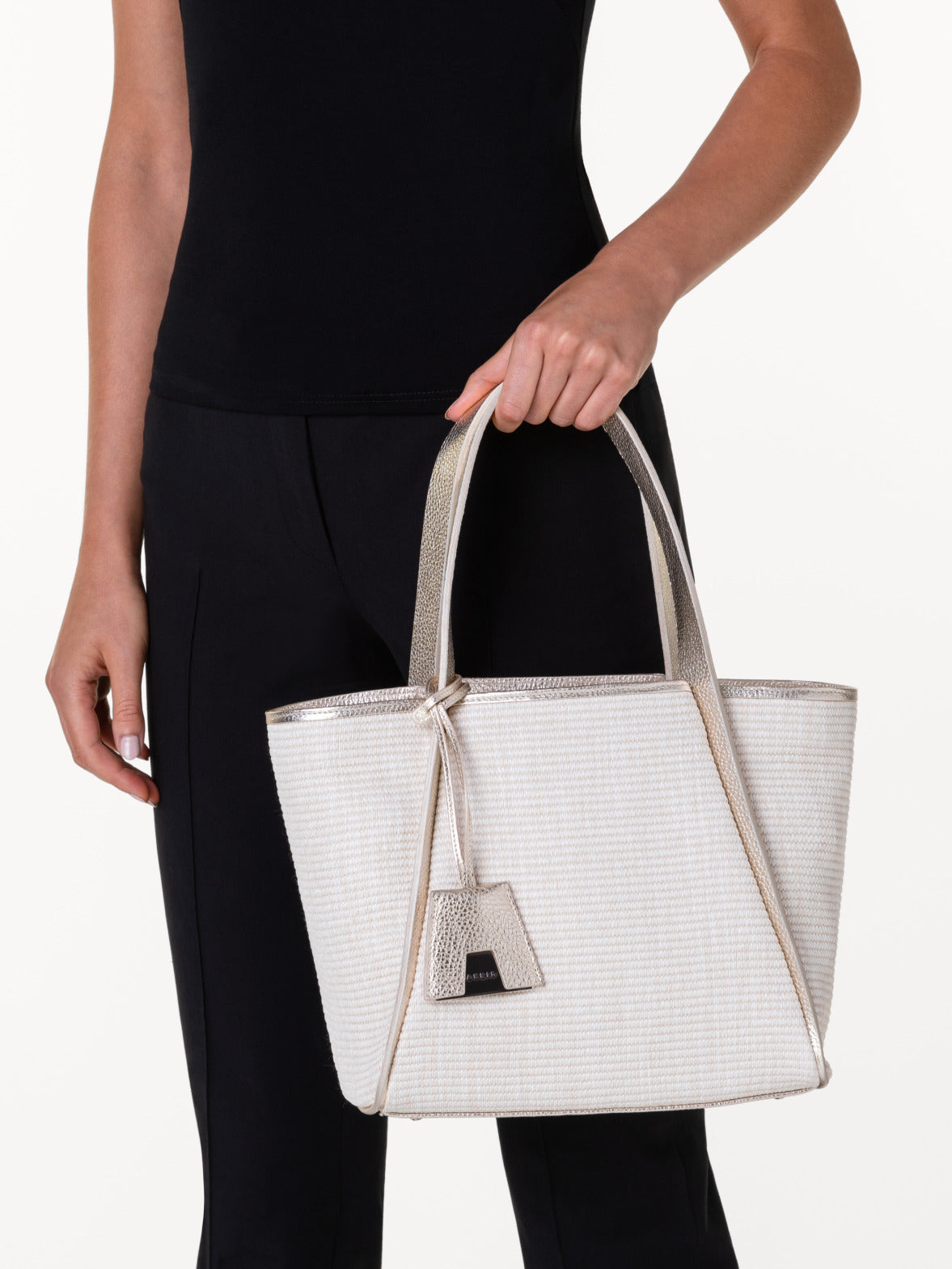 Alex Tote Bag in Raffia and Leather - silver - ecru