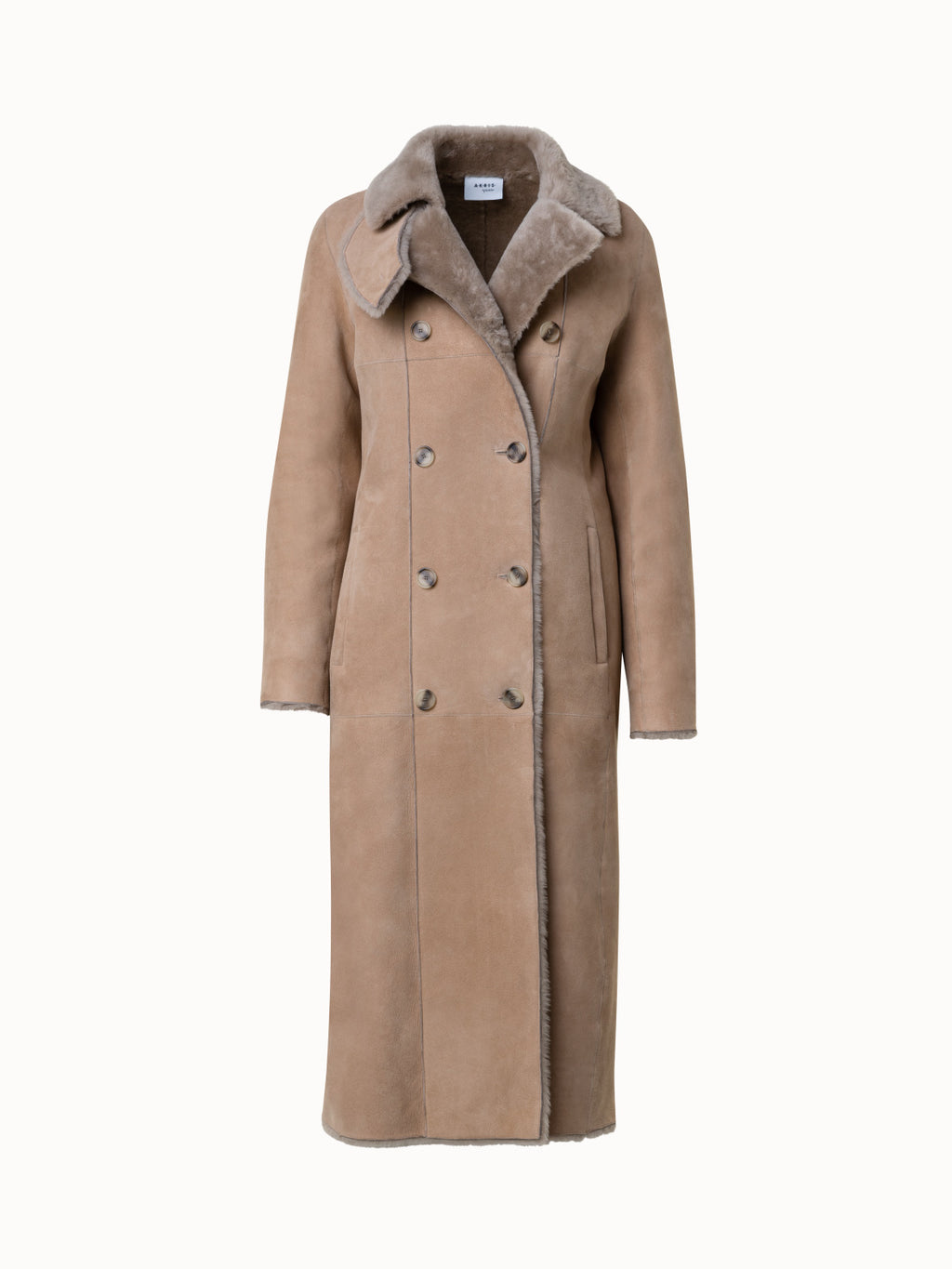 Langer Ledermantel mit Fell aus Lammfell - Beige