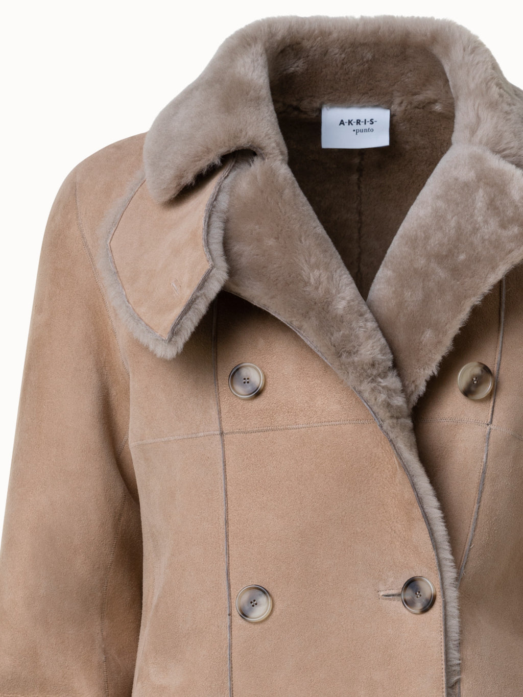 Langer Ledermantel mit Fell aus Lammfell - Beige