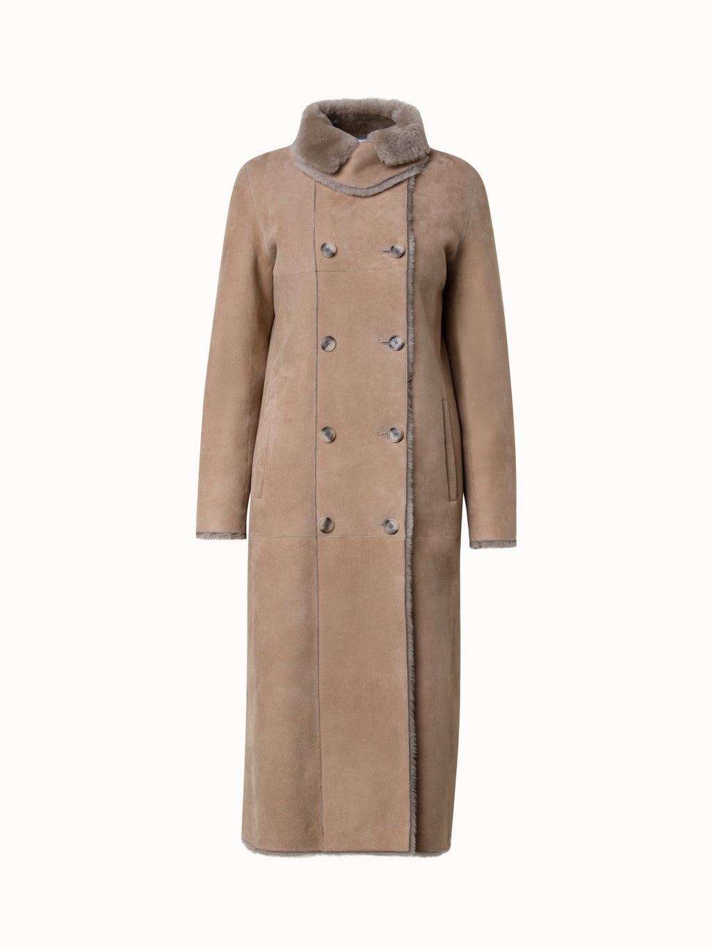 Langer Ledermantel mit Fell aus Lammfell - Beige